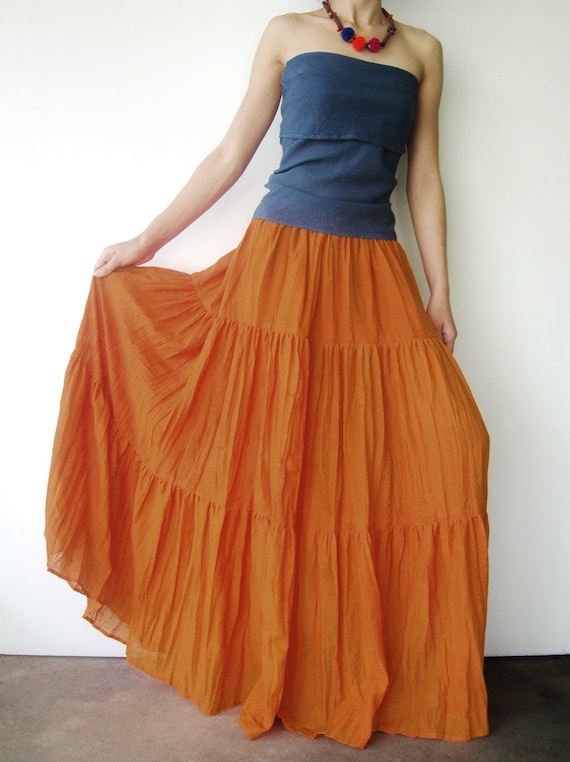 NO.5 Orange Cotton Gauze Hippie Gypsy Boho Tiered Long