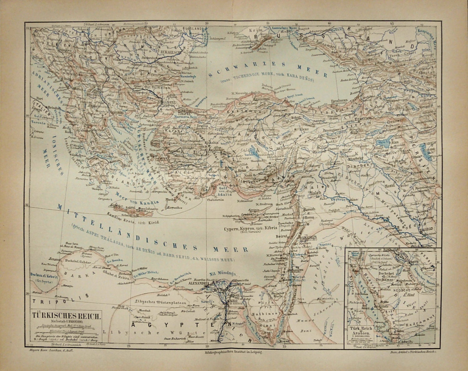 1890 Antique map of THE OTTOMAN EMPIRE. Turkish Empire.