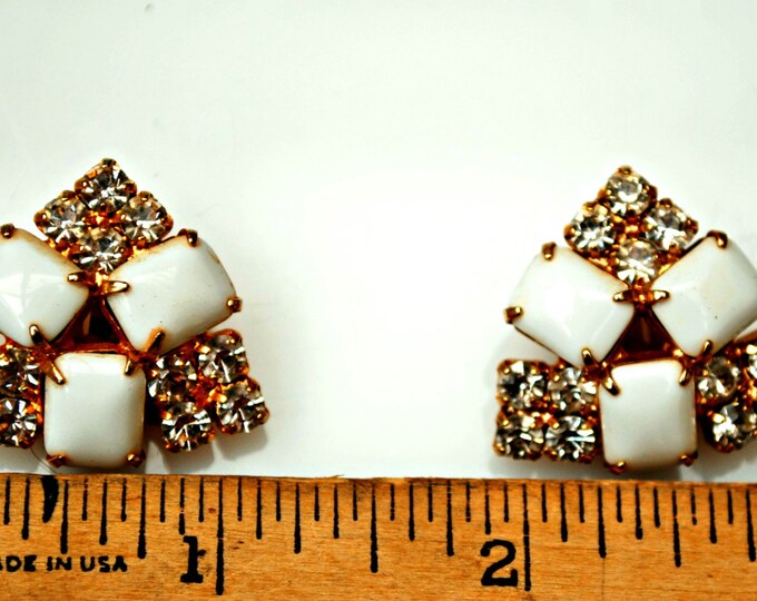 Rhinestone Clip on Earrings - White Milk glass - Mid century