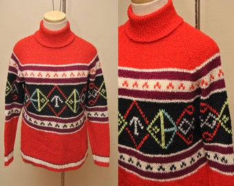 70s Vintage Patterned Wool Turtleneck Sweater Womens Fully Fashioned