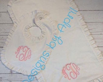 Baby Girl's Ruffle Bib with Monogram, Monogrammed Ruffle Bib, Monogram Bib