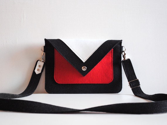Small Black Red White Wool Felt Genuine Leather by FancyfeltShop