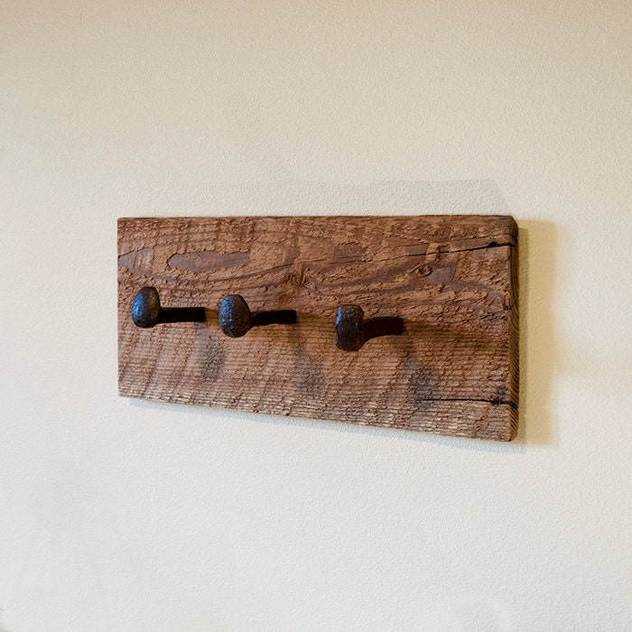 Rustic hardware coat rack wall hanger with 3 railroad spike