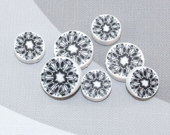 Polymer Clay round flat beads in black and white, Millefiori kaleidoscope beads, flower pattren Set of 7