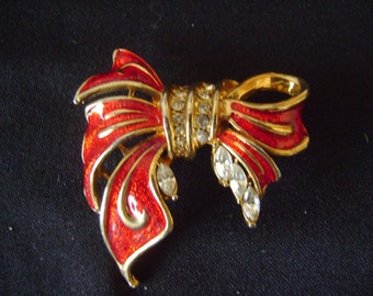Gold tone Red Bow with Rhinestones Brooch