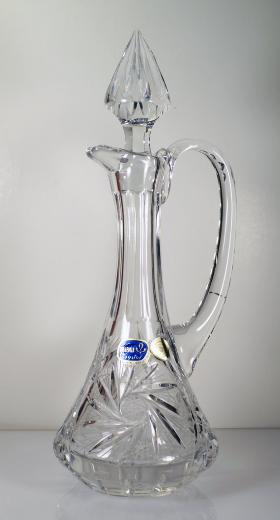 Vintage Czech Bohemian Hand Cut Crystal Wine Decanter Carafe Handle Stopper
