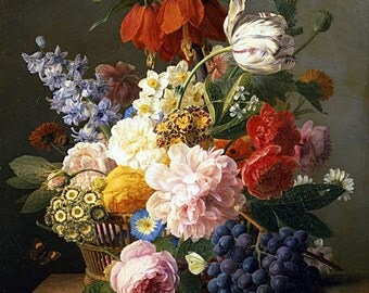 Jan Frans van Dael (Still Life with Flowers and Fruit) Canvas Art Print Reproduction 15.7x13.1in (40x33cm)