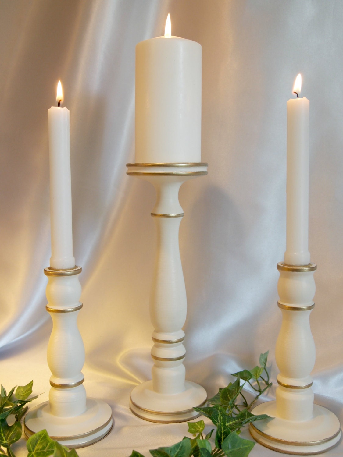 Wedding Unity Latheturned Candle Holder Set Gold Accented