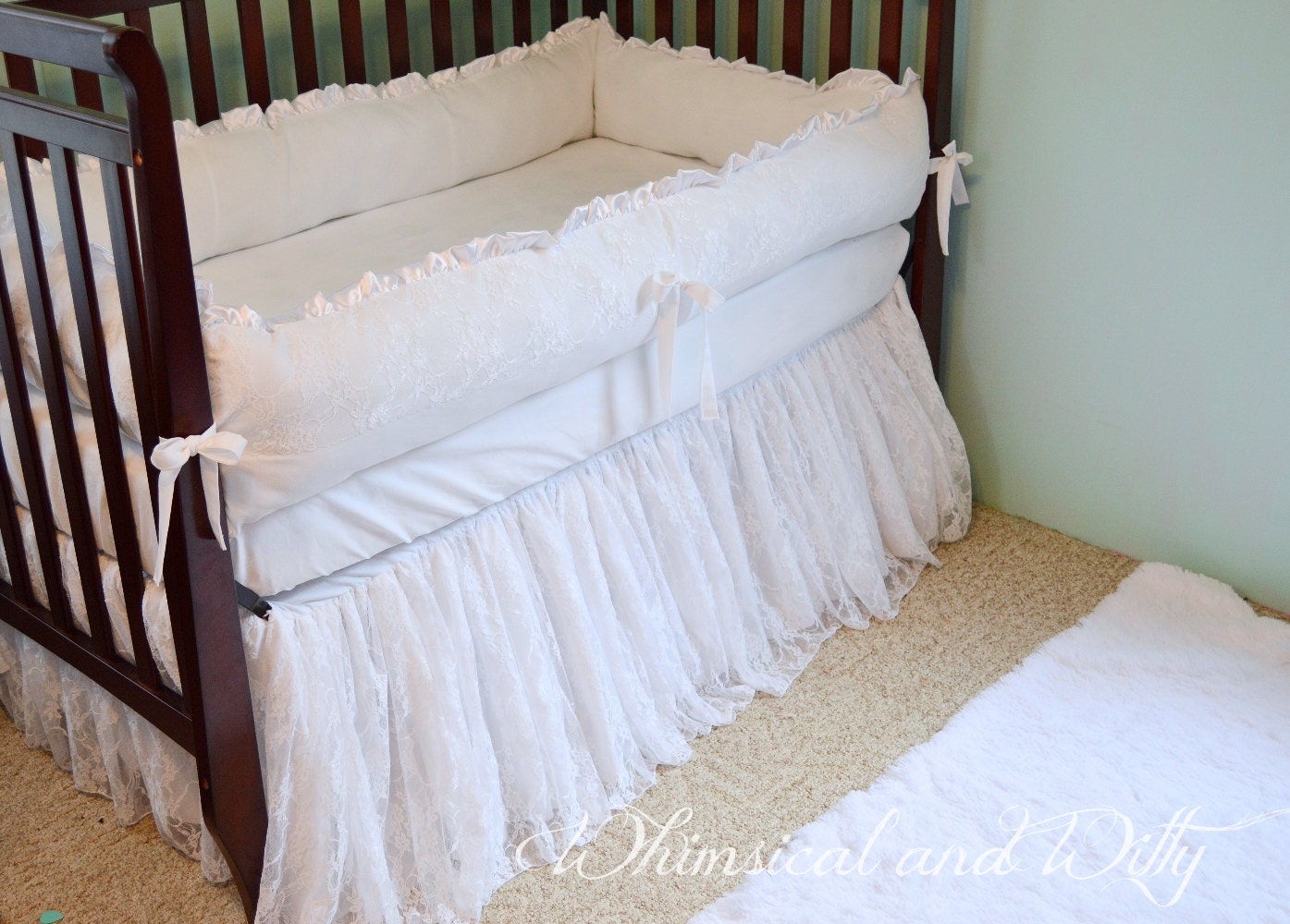 White Lace Baby Crib Bedding White Cotton by WHIMSICALandWITTY