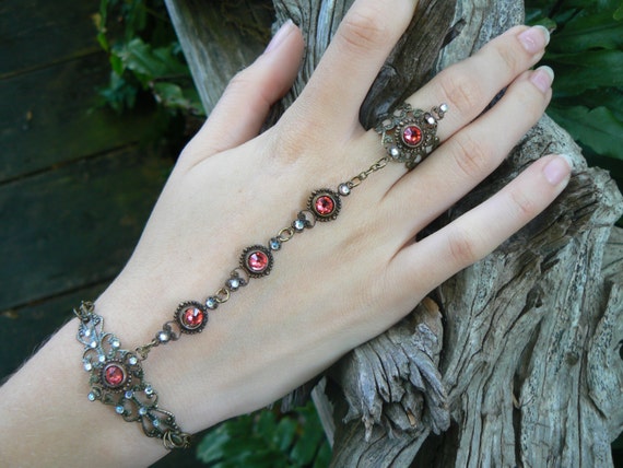 Indian pink slave bracelet Swarovski hand chain hand flower slave ring bohemian Mothers day victorian moon goddess pagan boho gypsy style by gildedingypsy steampunk buy now online