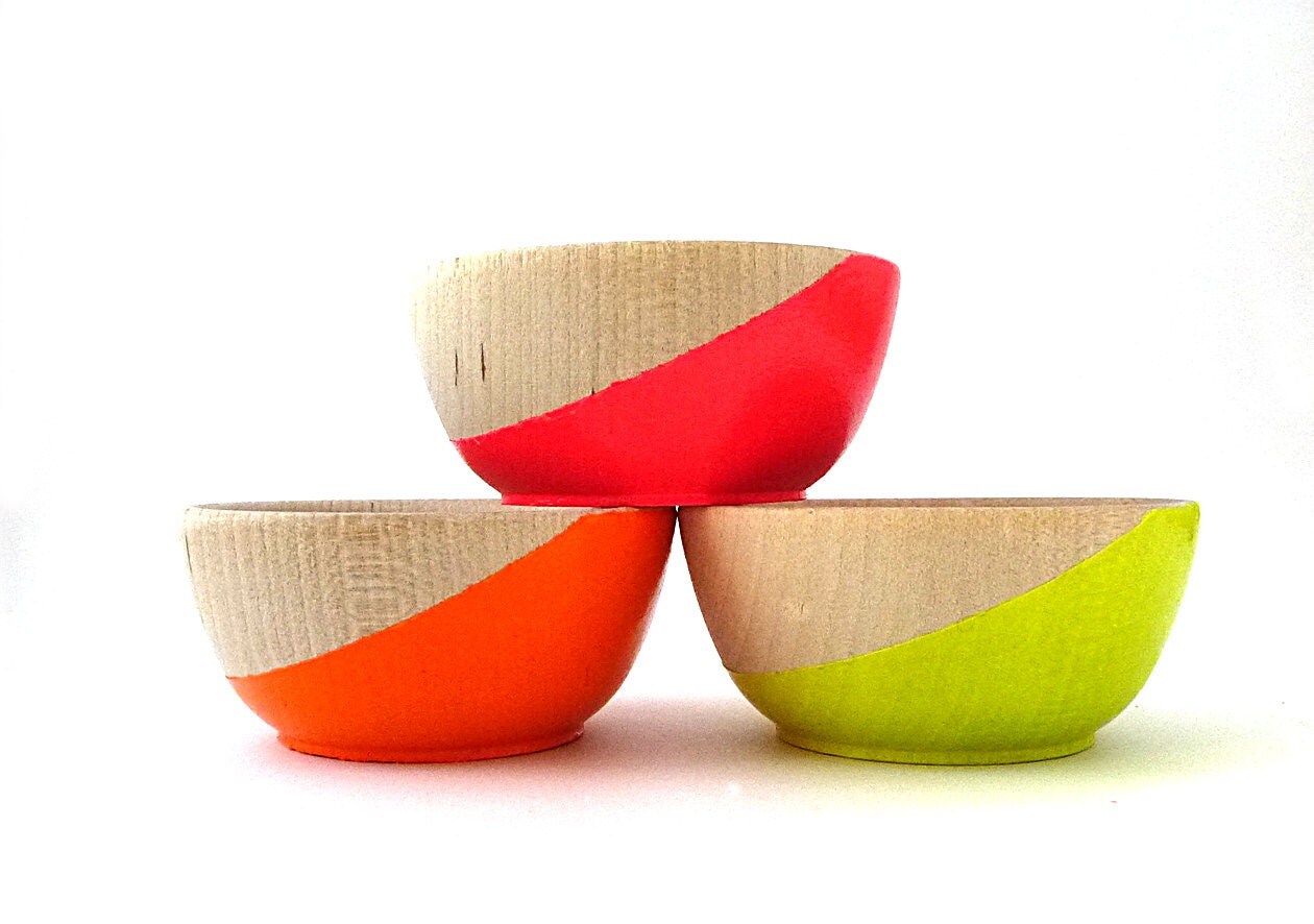 Set of three neon wood bowls painted wood bowls neon and