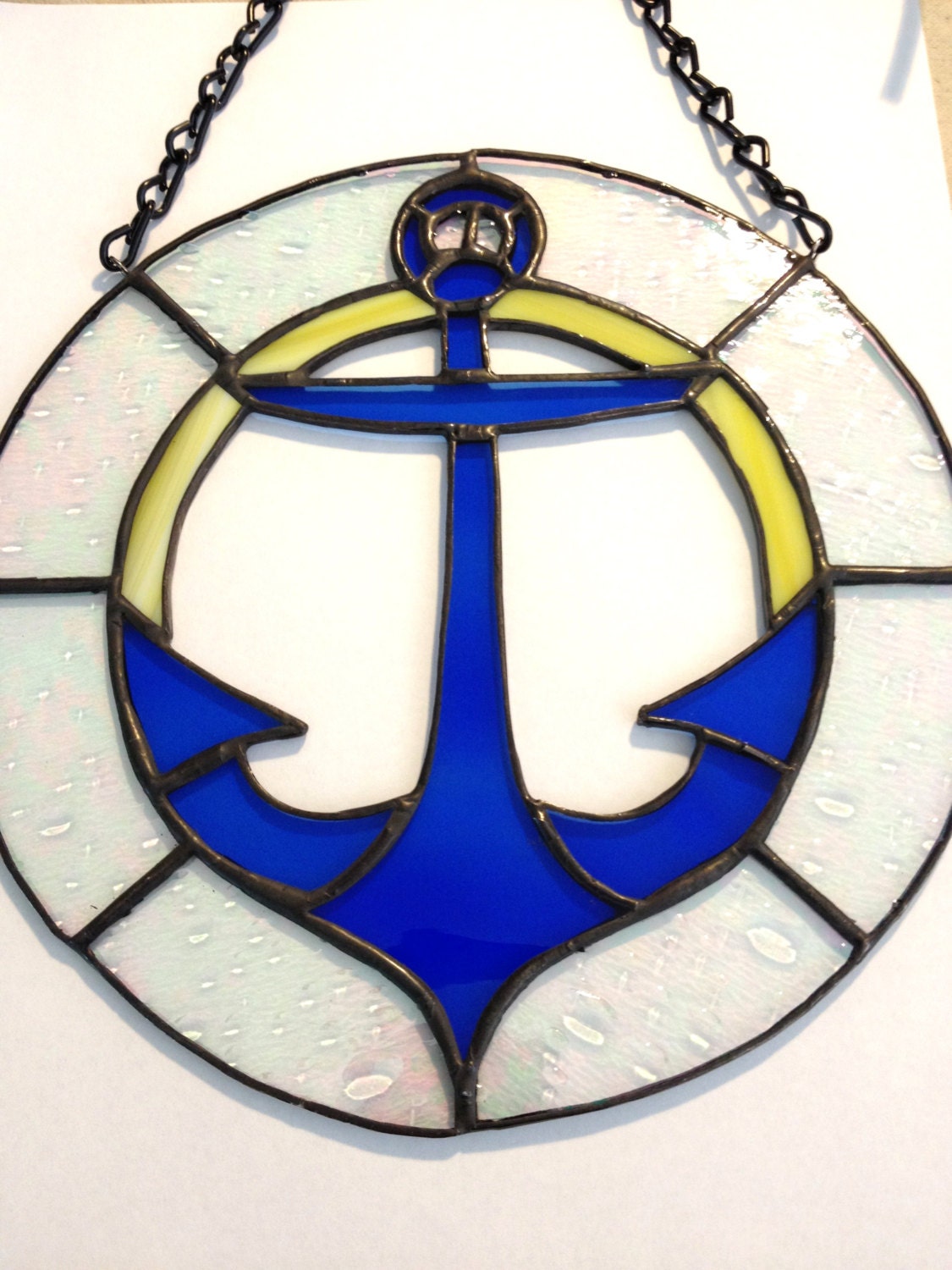 Stained Glass Anchor Nautical Blue And Yellow Ocean Suncatcher