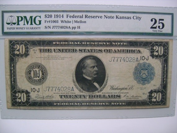 1914 20 Dollar Bill Star 1914 US 20 Dollar Bill Currency Federal Reserve Note Kansas City ...