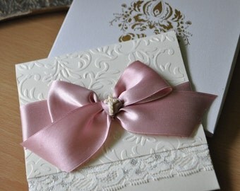 Dusty Rose and Ivory Baptism Invitation with Lace and Glass Beads Cross