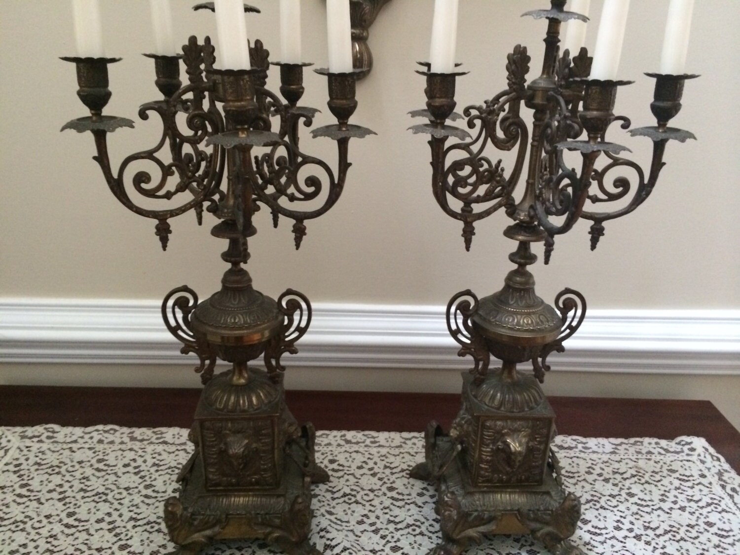 Gothic Revival pair of 19thc 6 light figural brass candelabra