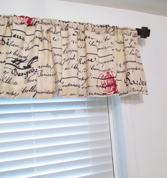 Window Valance French Script Natural Navy Red by OldStation