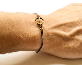 Anchor bracelet for men, men's bracelet, bronze anchor charm, black cord, gift for him, sailor bracelet, nautical jewelry, surfer bracelet