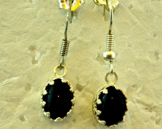 Black Onyx French Hook Earrings, 9x7mm Oval, Natural, Set in Sterling Silver E548