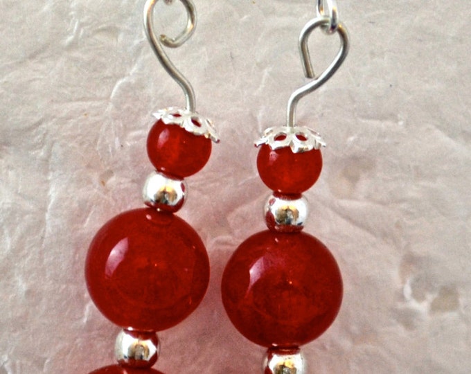 Ruby Gembead Earrings, 2" long, 10, 6 & 4mm Round Beads, Natural, Sterling Silver E245