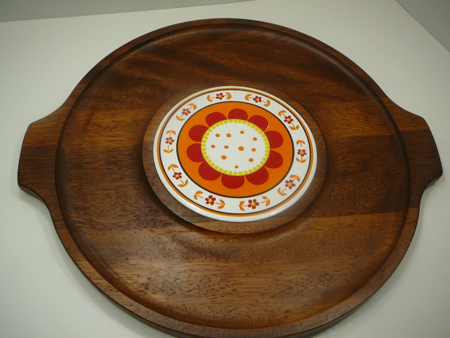 Round cheese tray 1960s cheese server serving tray wood