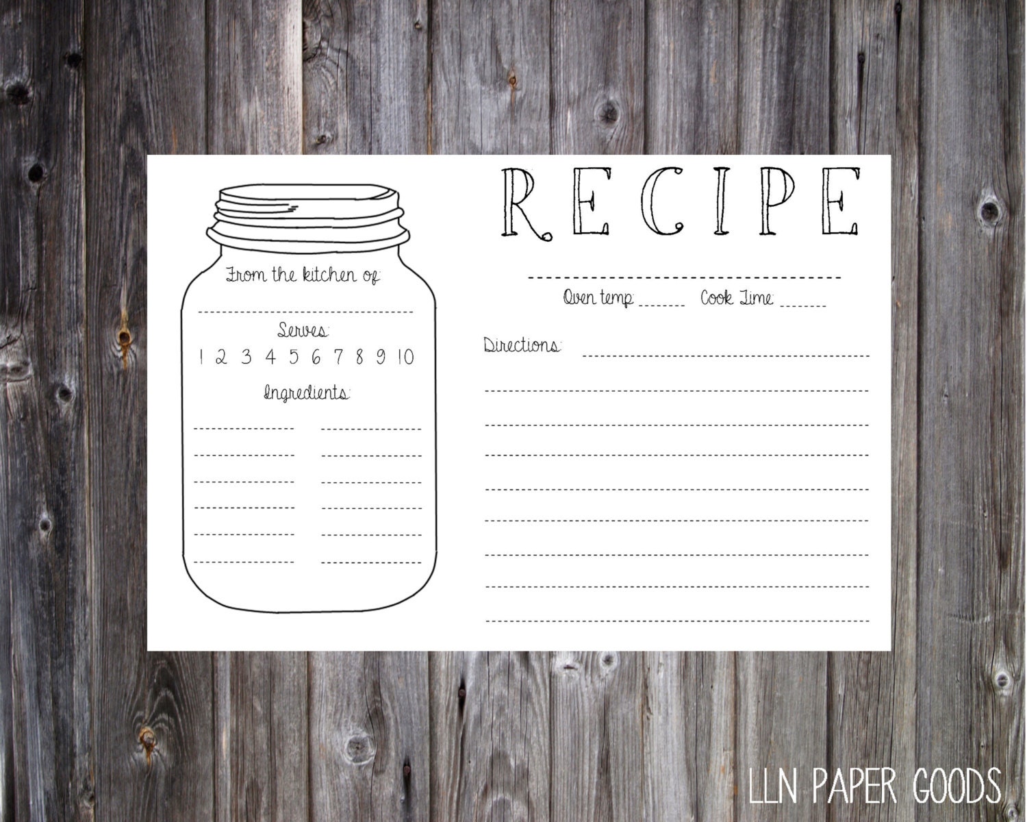 Mason Jar Recipe Card 4x6 Instant Download by llnpapergoods