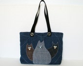 Shoulder dark blu denim bag "Three cats" - 3 cats - applique, quilted, denim bag,blue grey bag, all seasons, summer bag,