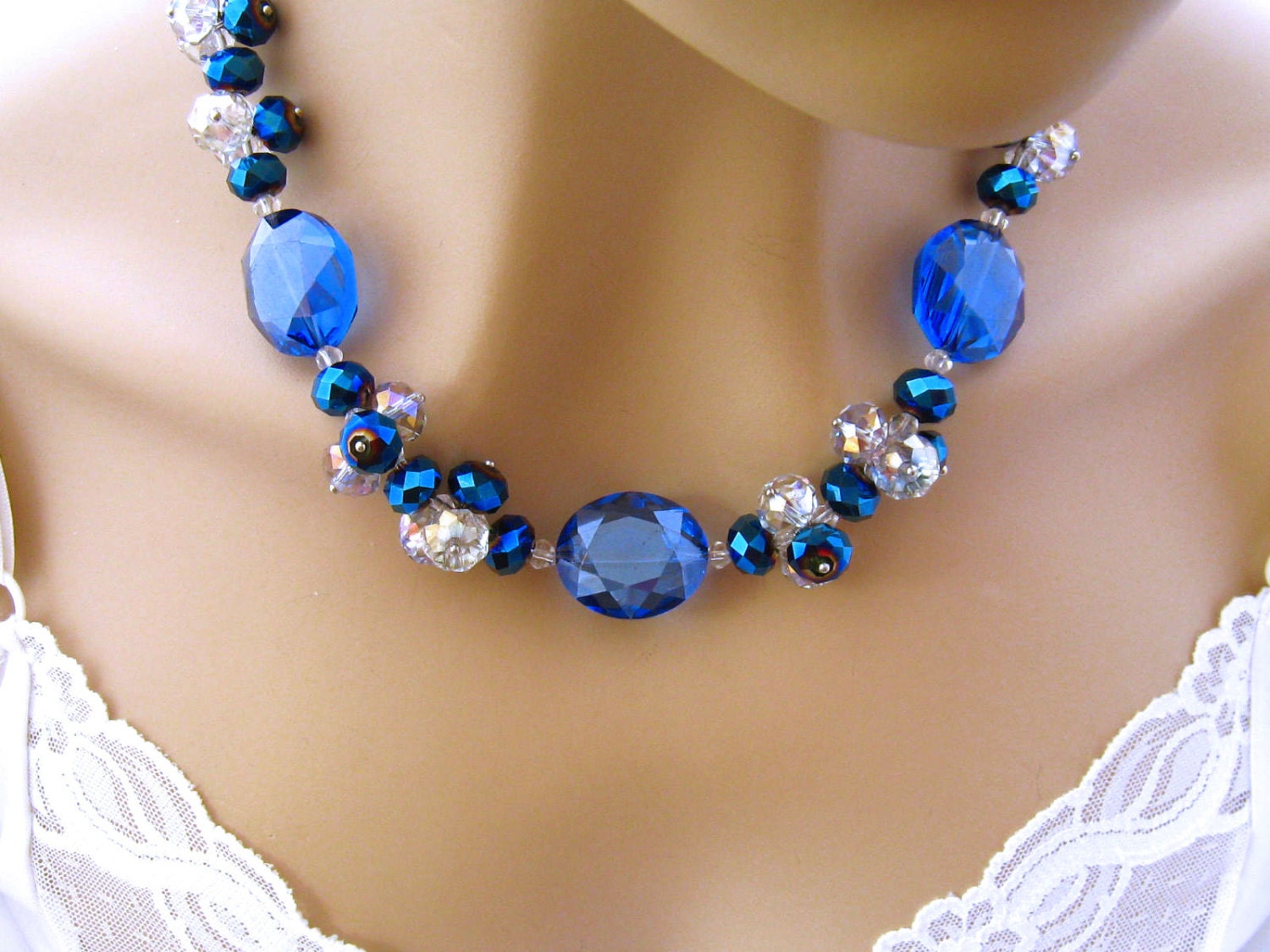 Sparkly Royal Blue Necklace Crystal Jewelry by mwhitejewelry