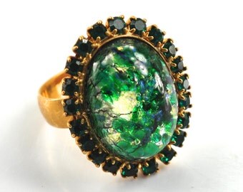 Vintage Czech Glass Green Fire Opal Ring Emerald Swarovski Crystal ...