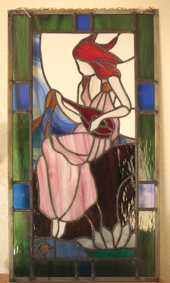 Red Head Girl Playing Mandolin Stained Glass Art