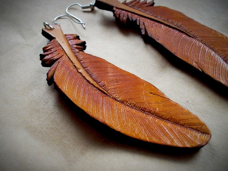 Handmade carved tooled leather feather by FoxTrotCollective