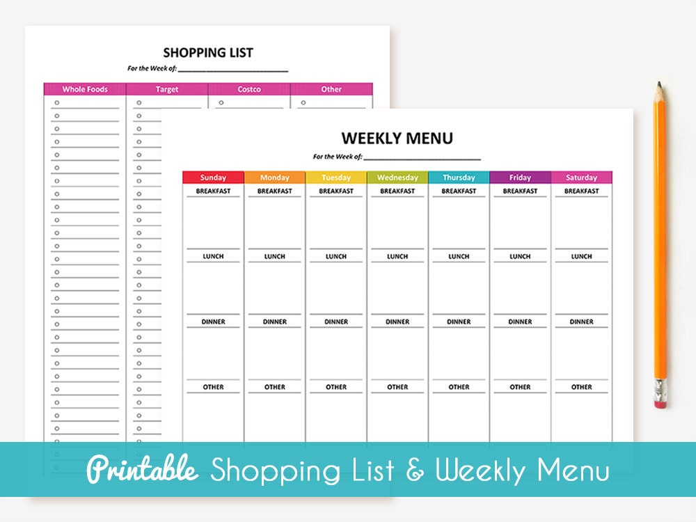 printable weekly menu planner shopping list package