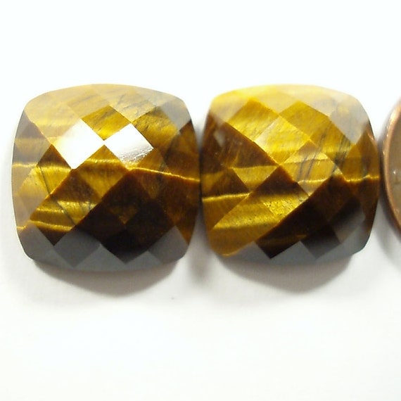 faceted TIGER EYE 14.29 carats square cushion cut gemstone cabochon earring PAIR