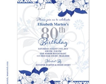Wild Rose Adult 80th Birthday Invitations Royal Blue White Printed