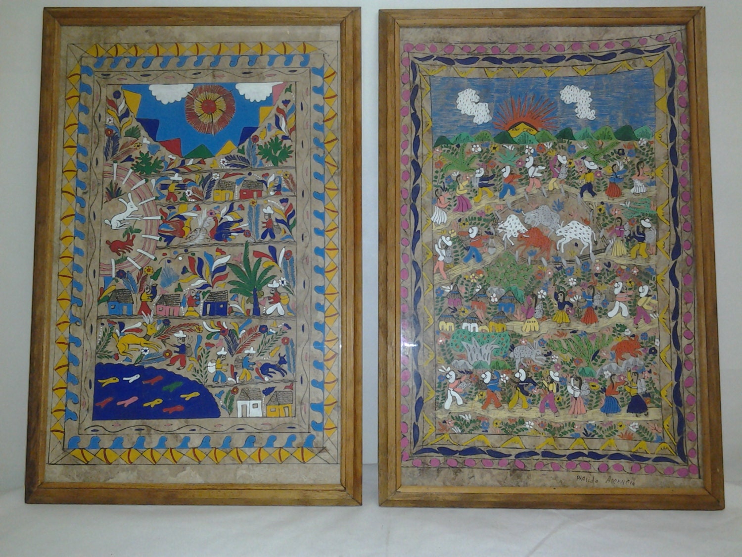 A superb pair of vintage Mexican Amate bark painting by