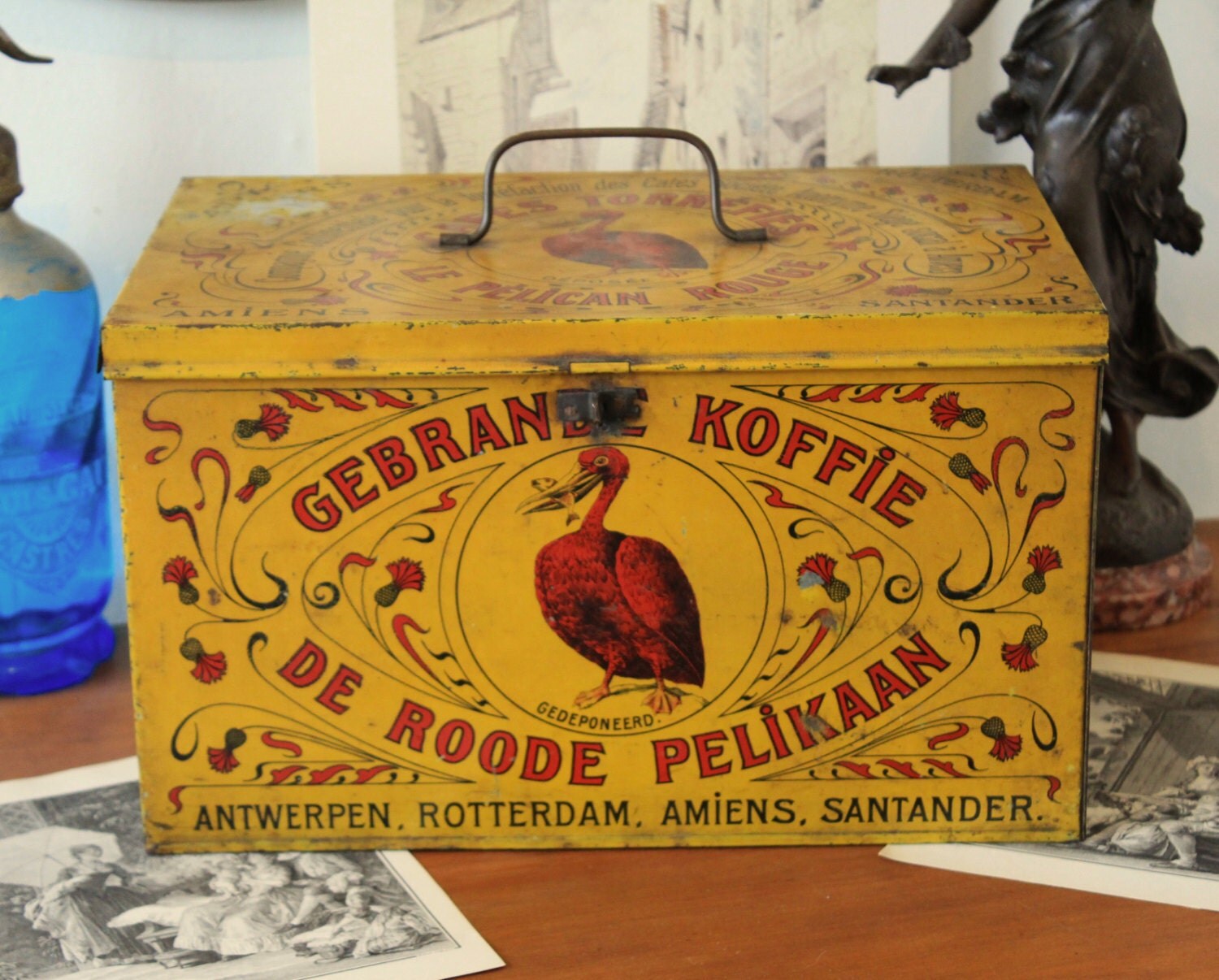 Large antique Belgian tin box le pelican rouge