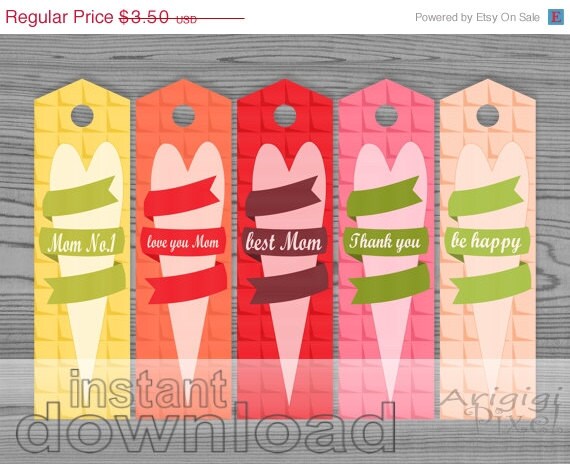 WEEKEND SALE 50% OFF Mother's Day bookmark, printable,paper goods, long gift tag, card, bright spring colors, heart wrapped in ribbon motif Il_570xn