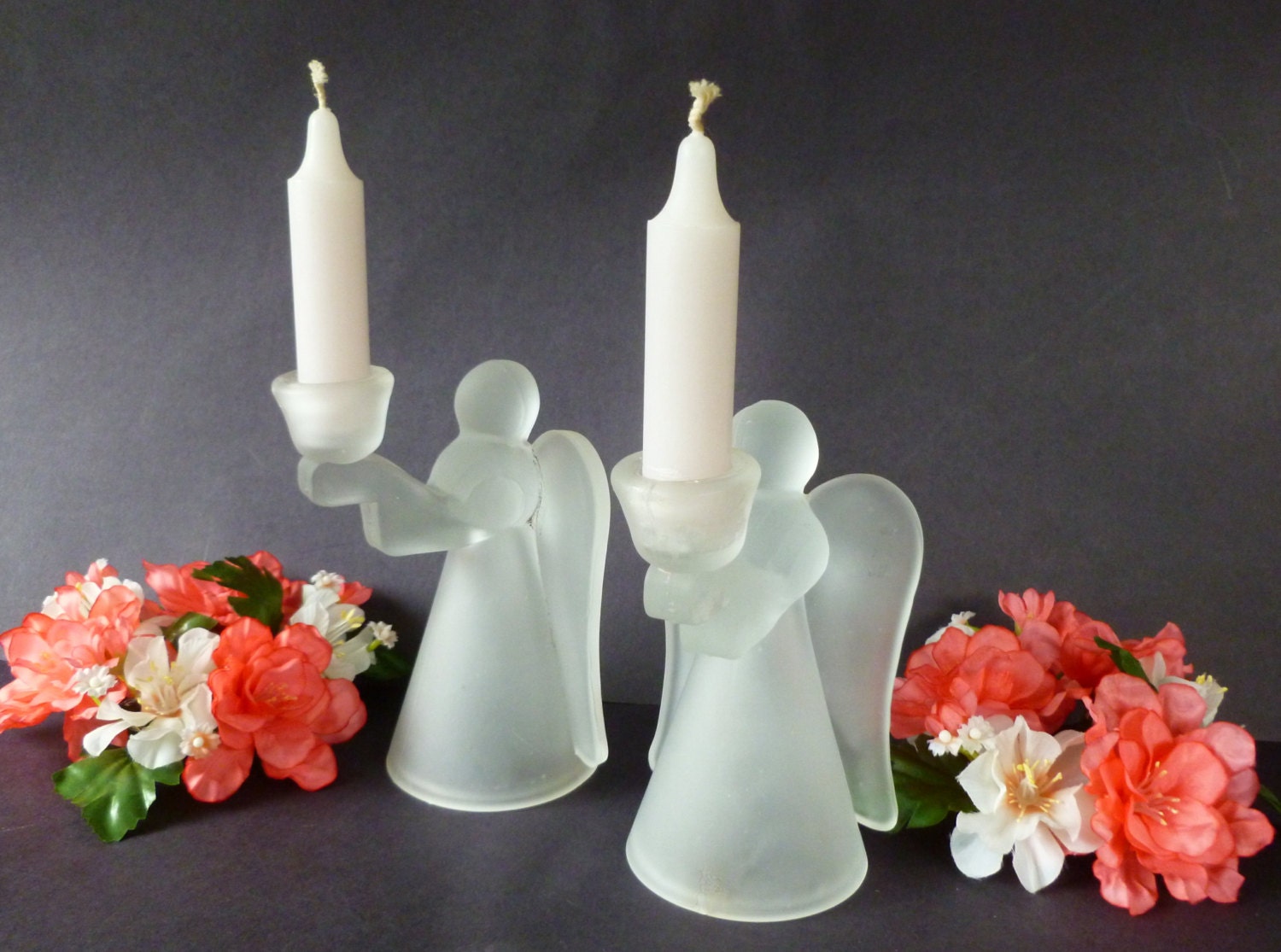 Vintage Pair Frosted Glass Angel Candle Holders