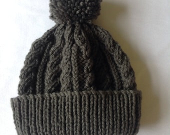 Charcoal grey hand knitted aran beanie bobble hat - range of sizes available from 0-3 to 24 months - on trend for autumn 2014