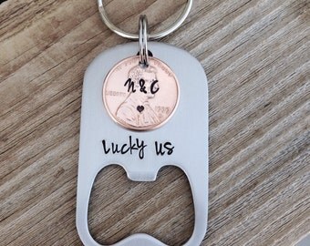 Stainless steel Bottle opener handstamped customized penny with initials gift for him or her 7 year anniversary gift copper Boyfriend gift