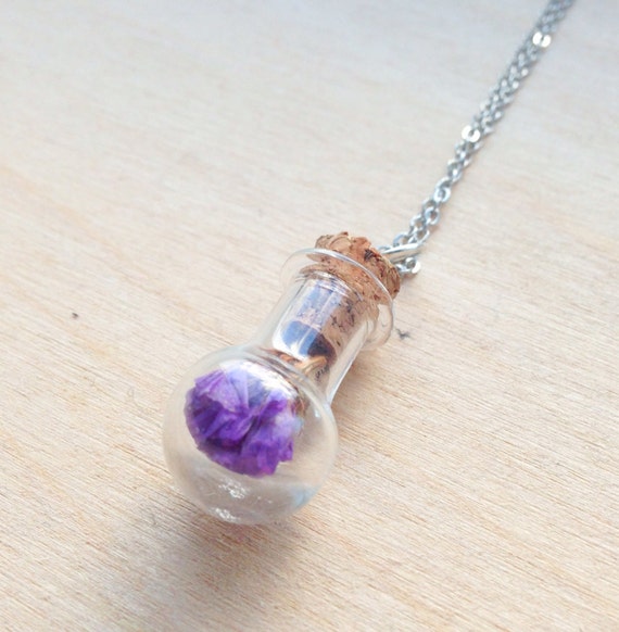 Glass Bottle Pendant - Silver Necklace with Glass Bottle containing a Purple Dried Flower