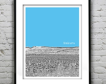 Nakuru Lake Kenya Africa Skyline Poster Art Flamingos
