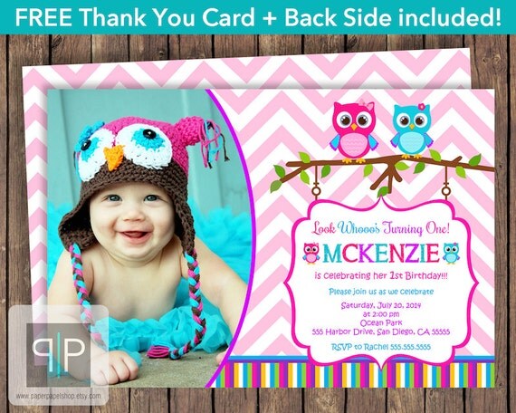 Owl Birthday Invitation, Owl Girl Birthday, First Birthday, Owl Theme, Chevron, Free Thank You Card, Front and Back, Printable Invitation Il_570xn