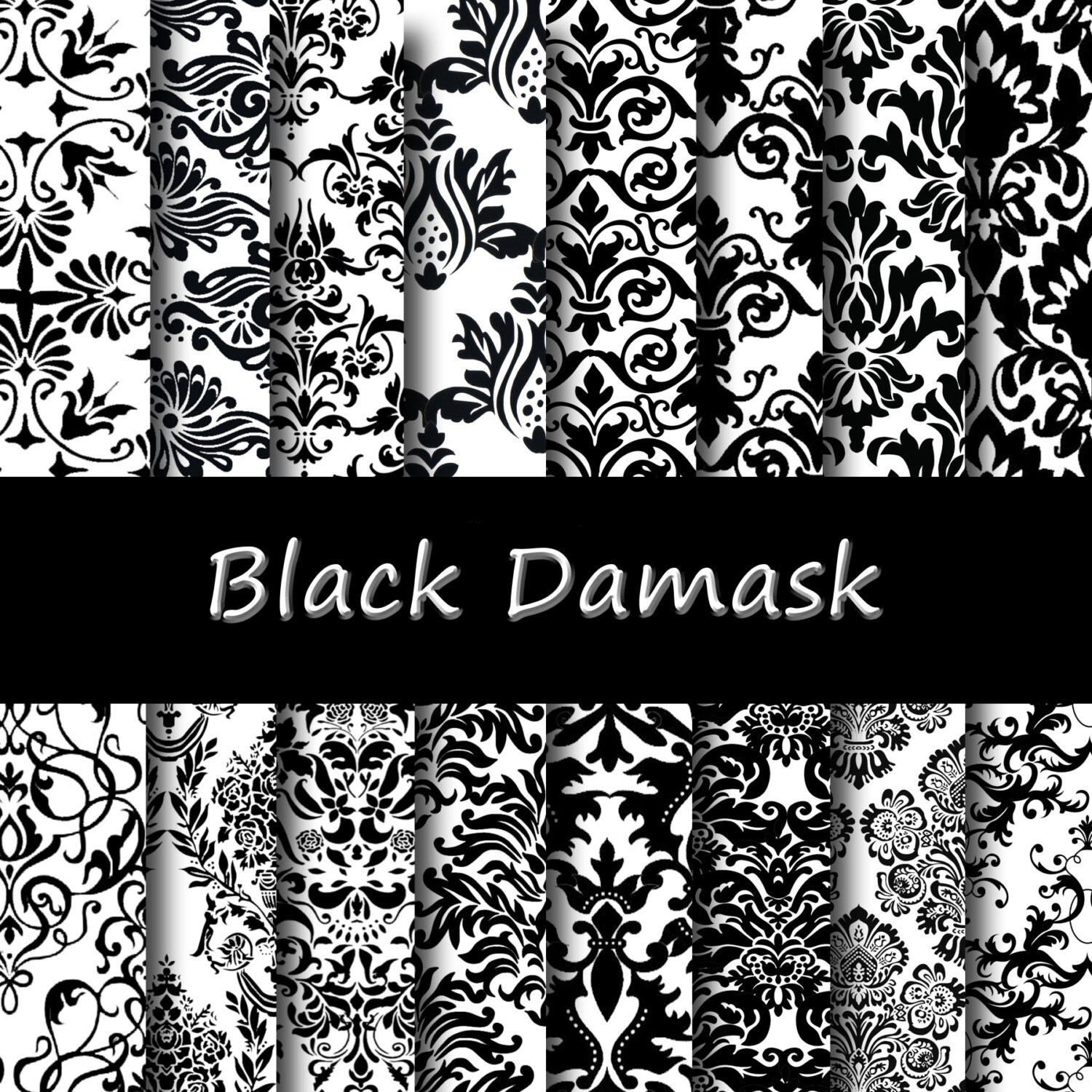 Black Damask Digital Paper Pack Instant Download BLACK