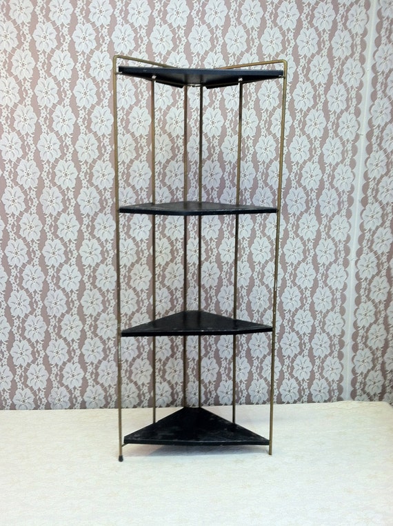 Vintage Metal Corner Shelf. Folding Collapsible. Gold Frame