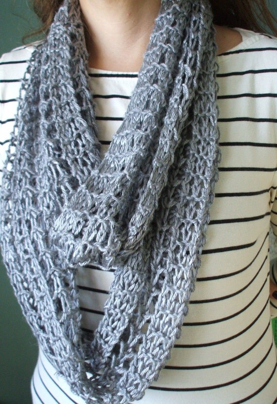Silver Gray Infinity Scarf Hand Knit Lacy Open Weave Light