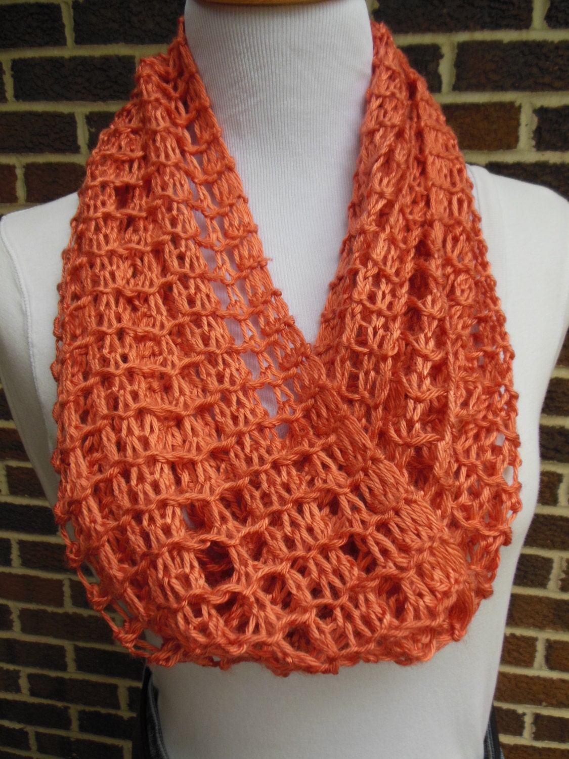 Persimmon Rust Orange Infinity Scarf Hand Knit Lacy Light