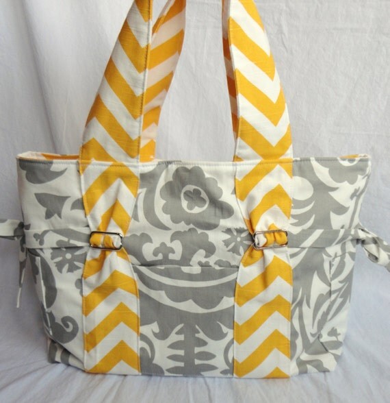 Large Diaper bagpurse handbag grey and white damask with