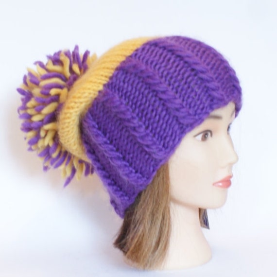 Irish purple and yellow county hat with large pompom slouchy by Johannahats