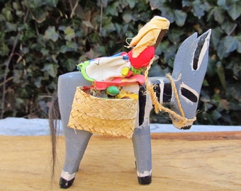 Vintage Folkart Wooden Donkey with Rider - Folk Art Wooden Donkey