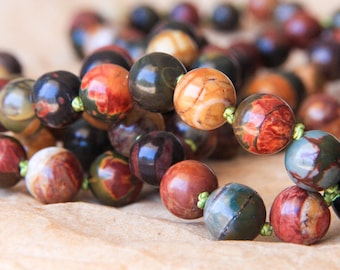 108 Mala Beads, Buddhist Prayer Bead, Knotted Mala Necklce, Red Creek / Picasso Jasper, Tassel Necklace, Yoga Jewelry, Meditation Beads